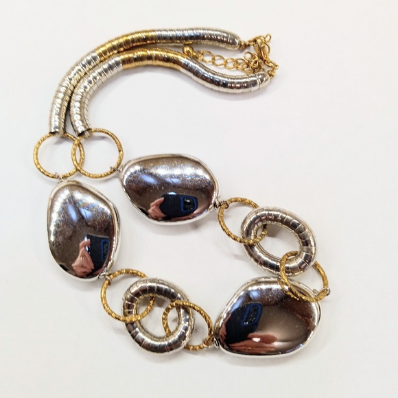 Vintage Two-Tone Mirrored Necklace Silver Gold Statement Piece - Picture 2 of 5
